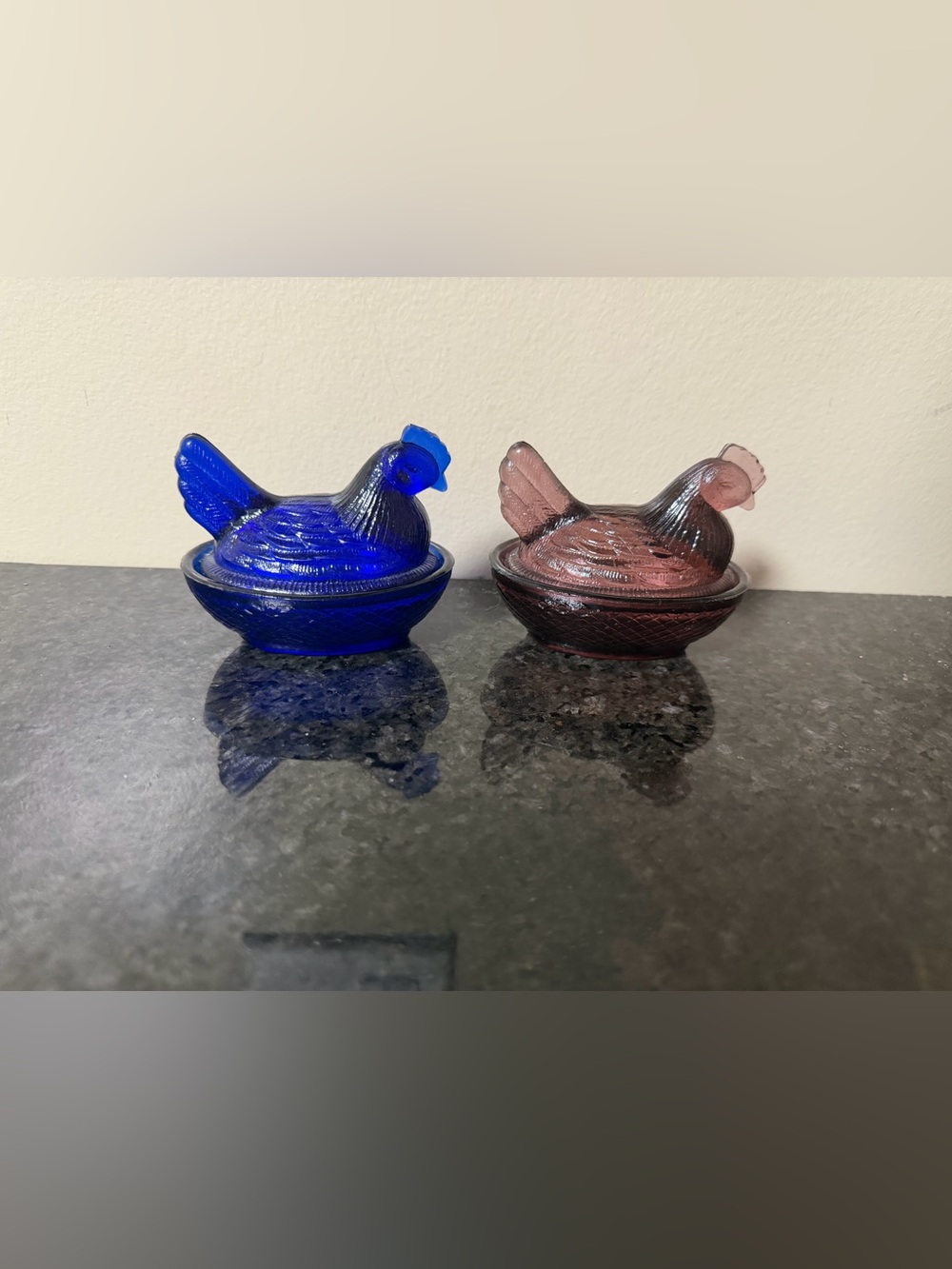 Vintage Glass Hen on Nest Pair Cobalt Blue & Amethyst Purple Lidded Candy Dishes